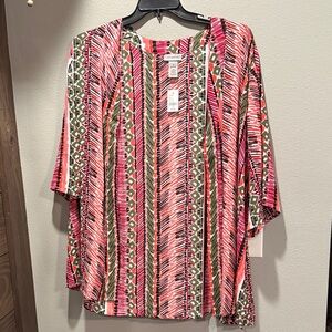 Catherines Pink and Green Geometric Shirt Length Kimono 1X NWT